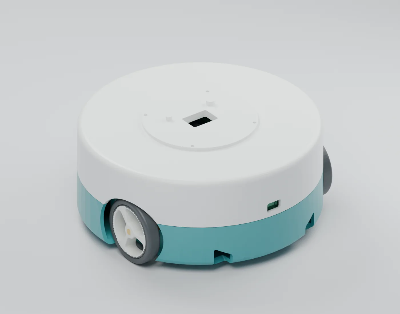 Rounded white and teal robot base with recessed wheels and top body dock