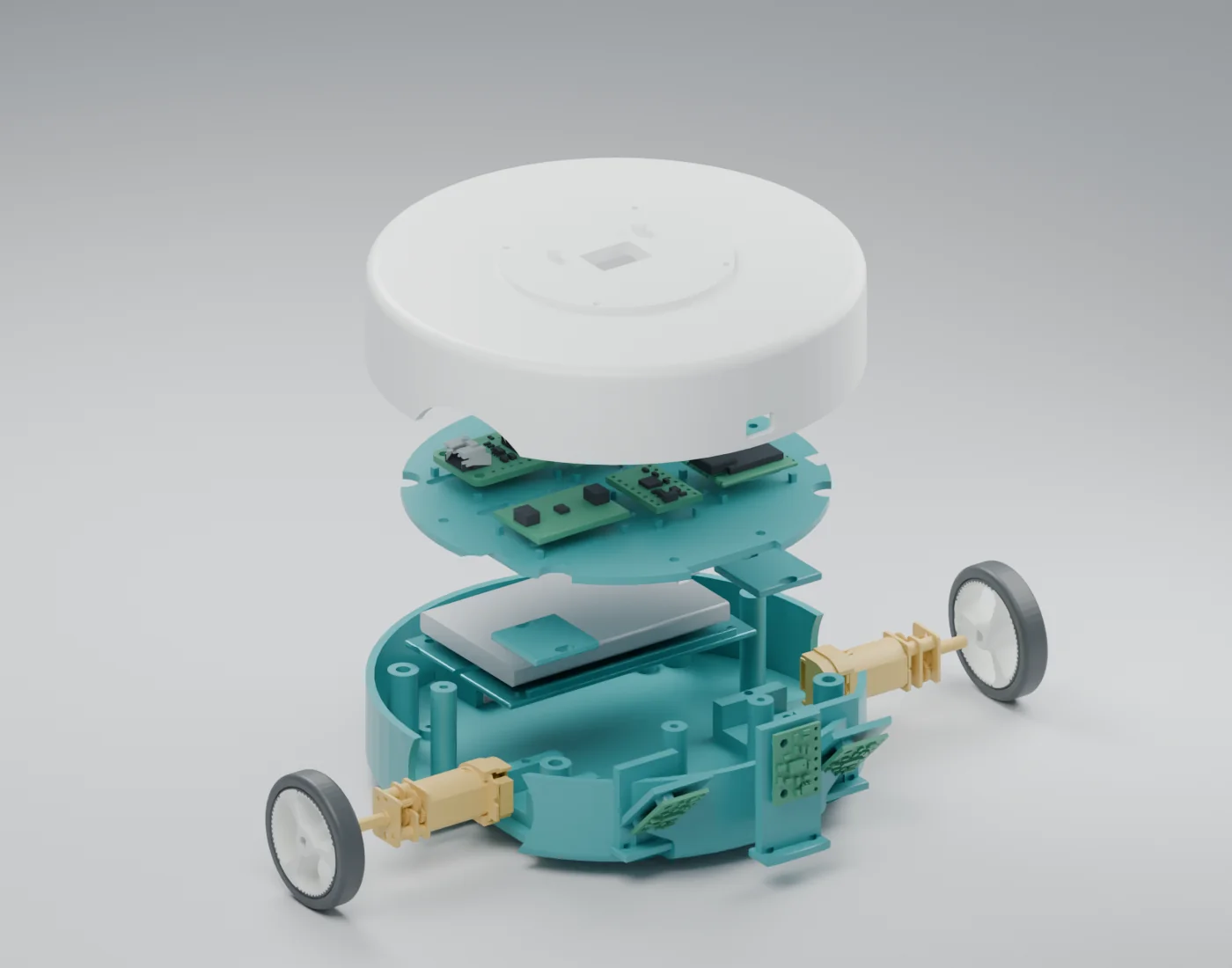 Exploded base showing stacked assembly layers
