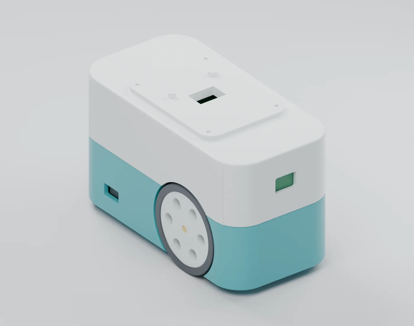 Rounded white and teal robot base with recessed wheels and top body dock