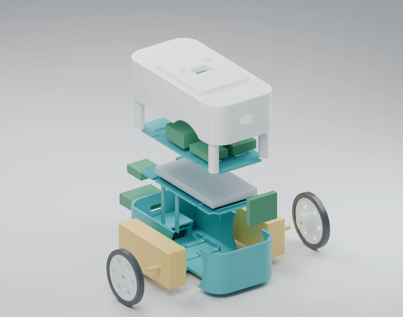 Exploded base showing stacked assembly layers